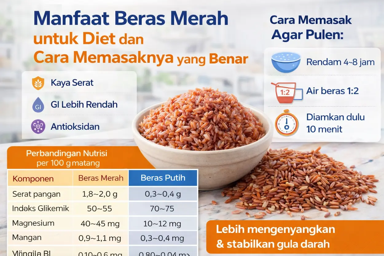 Infografik manfaat beras merah untuk diet yang menampilkan serat, indeks glikemik lebih rendah dibanding beras putih, serta cara memasak beras merah agar pulen