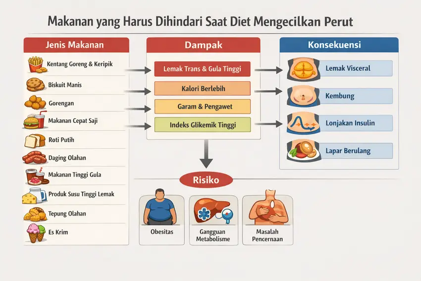 Infografis relasi makanan pemicu lemak perut pada diet mengecilkan perut — menunjukkan kategori makanan berisiko seperti kentang goreng, biskuit manis, gorengan, fast food, roti putih, daging olahan, makanan tinggi gula, produk susu tinggi lemak, tepung olahan, dan es krim — beserta dampaknya terhadap tubuh (lemak trans, kalori berlebih, garam dan pengawet, indeks glikemik tinggi) yang memicu lemak visceral, kembung, lonjakan insulin, dan lapar berulang sebagai faktor penyebab perut buncit.