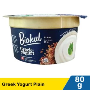 Biokul Greek yogurt plain sebagai cemilan diet tinggi protein yang rendah gula dan tersedia di Indomaret.