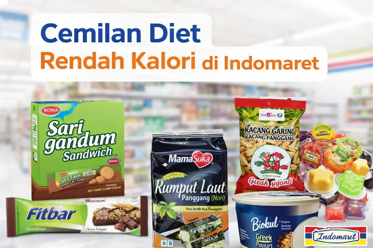 Ilustrasi berbagai cemilan diet rendah kalori yang tersedia di Indomaret, termasuk snack bar gandum, yogurt, rumput laut panggang, kacang panggang, dan jelly rendah kalori.