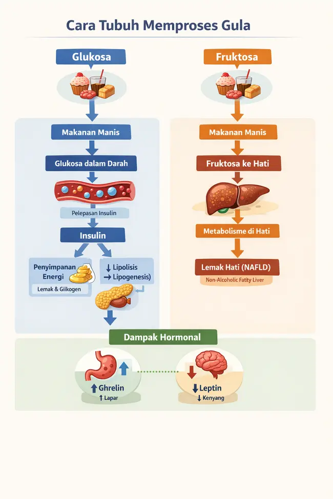 Diagram jalur metabolisme gula yang memperlihatkan perbedaan proses glukosa dan fruktosa — glukosa memicu insulin dan lipogenesis sehingga meningkatkan penyimpanan lemak tubuh, sedangkan fruktosa diproses di hati dan berkaitan dengan risiko lemak hati non-alkoholik (NAFLD) serta peningkatan trigliserida.