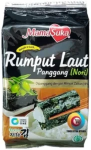 MamaSuka rumput laut panggang nori sebagai cemilan diet rendah kalori yang praktis dan mudah ditemukan di Indomaret.