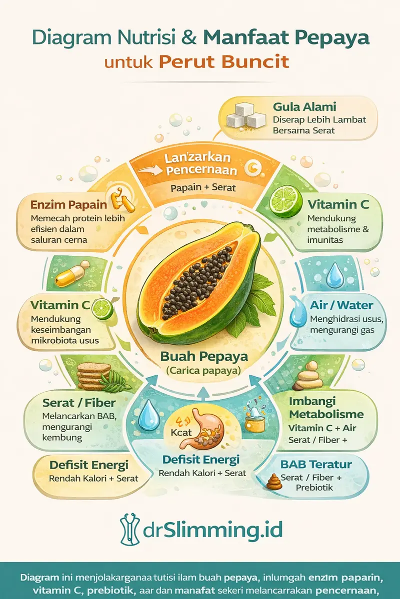 Diagram nutrisi buah pepaya (Carica papaya) dan manfaatnya untuk perut buncit — menampilkan relasi entitas papain, serat pangan, vitamin C, air, prebiotik, proses pencernaan, motilitas usus, pengurangan gas, defisit energi, serta dukungan terhadap BAB teratur dan kesehatan gastrointestinal — drSlimming.id