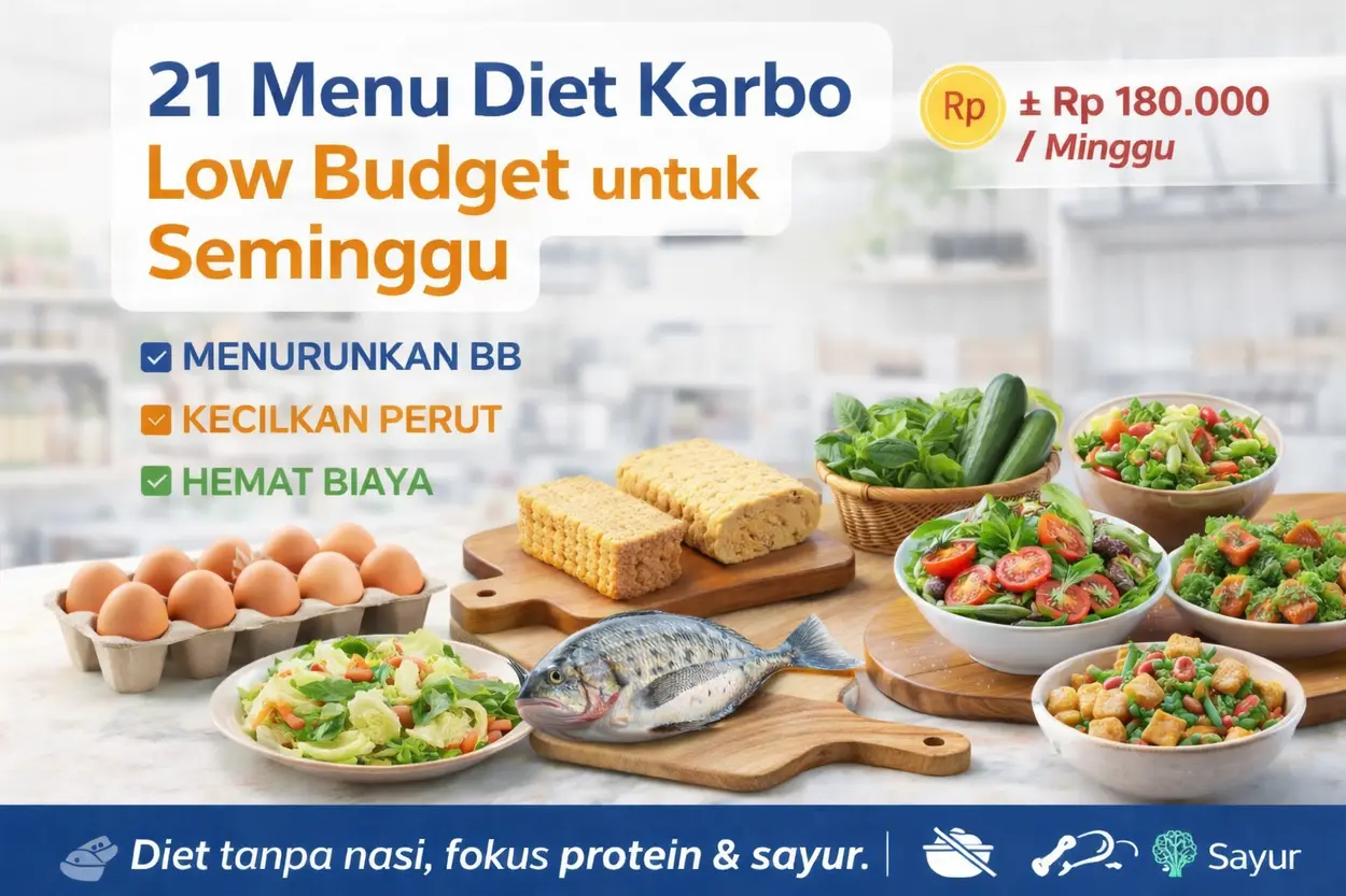 Menu diet karbo low budget untuk seminggu dengan telur, tempe, ikan, ayam, dan sayur sebagai sumber protein dan serat tanpa nasi