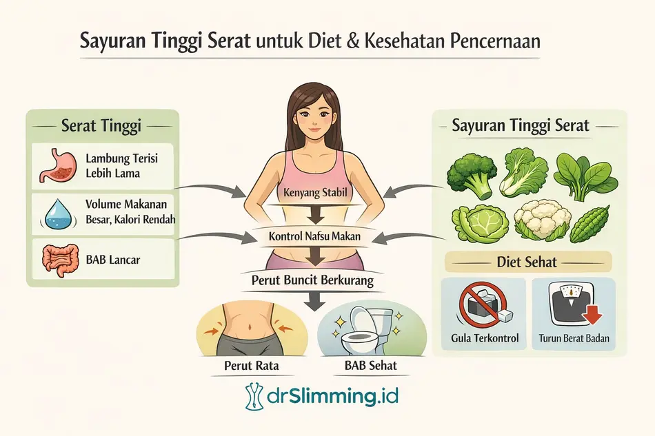 Infografis hubungan sayuran tinggi serat dengan diet, perut buncit, dan kesehatan pencernaan — serat membantu lambung terisi lebih lama, meningkatkan volume makanan berkalori rendah, mendukung BAB lancar, menghasilkan kenyang stabil, kontrol nafsu makan, pengurangan lemak perut, gula darah lebih terkontrol, dan penurunan berat badan.