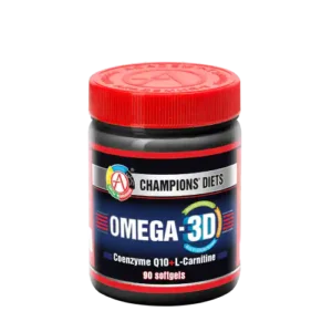 Ilustrasi suplemen Omega-3 dengan Coenzyme Q10 dan L-Carnitine sebagai pendekatan fat burner metabolik tanpa stimulan untuk wanita, mendukung metabolisme energi dan fungsi mitokondria.