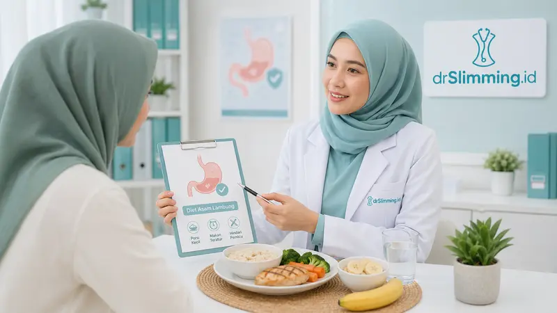 Dokter gizi drSlimming.id menjelaskan program diet asam lambung untuk pasien GERD dengan pilihan makanan lembut, porsi kecil, makan teratur, dan menghindari pemicu.