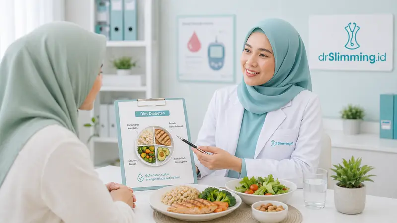 Dokter gizi drSlimming.id menjelaskan program diet diabetes dengan piring makan seimbang, karbohidrat kompleks, protein rendah lemak, sayuran, lemak baik, dan air putih.