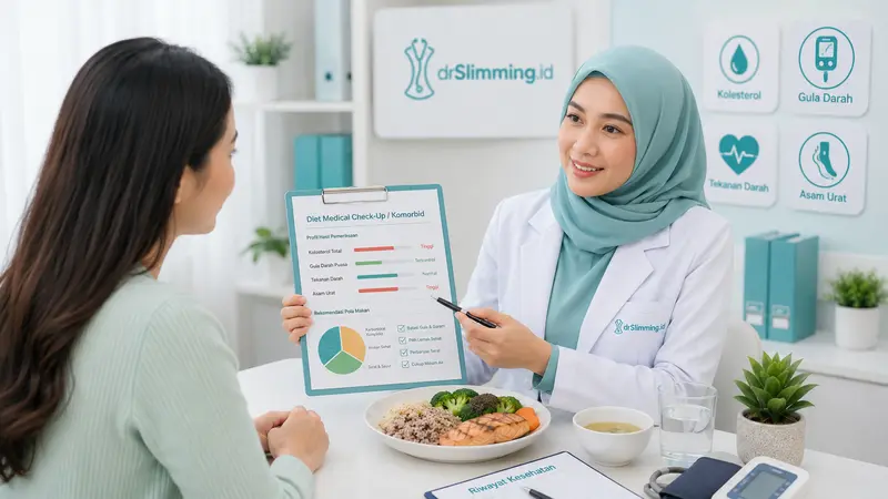 Dokter gizi drSlimming.id menjelaskan program diet berdasarkan hasil medical check-up, kolesterol, gula darah, tekanan darah, asam urat, dan kondisi komorbid.