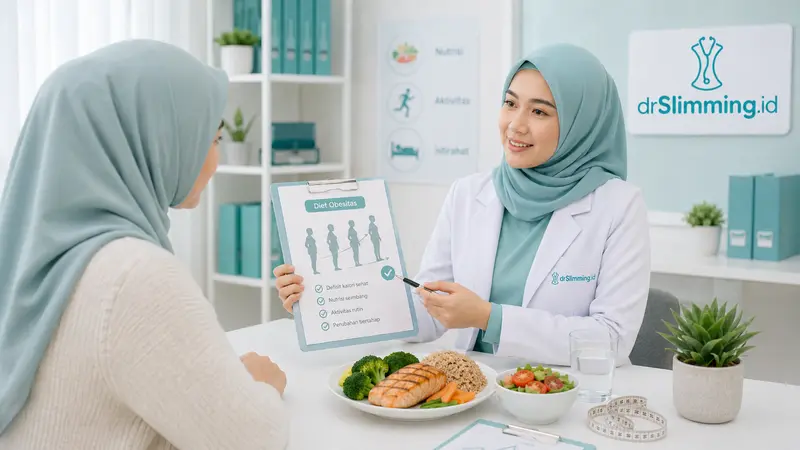 Dokter gizi drSlimming.id menjelaskan program diet obesitas dengan defisit kalori sehat, nutrisi seimbang, aktivitas rutin, perubahan bertahap, dan makanan bergizi.