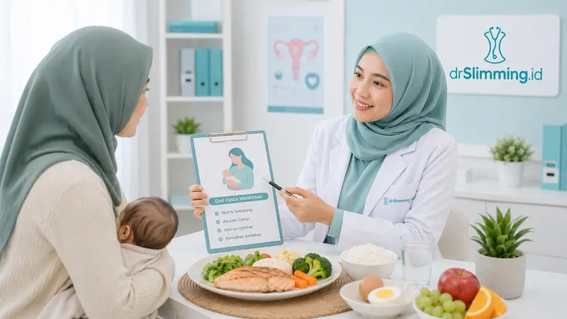 Konsultasi program diet pasca melahirkan di drSlimming.id dengan dokter gizi, ibu menyusui, bayi, dan makanan sehat untuk pemulihan tubuh secara bertahap.