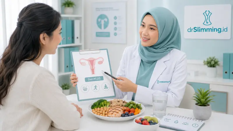 Konsultasi program diet PCOS di drSlimming.id dengan dokter gizi, makanan tinggi serat, protein seimbang, aktivitas fisik, tidur, dan manajemen stres.