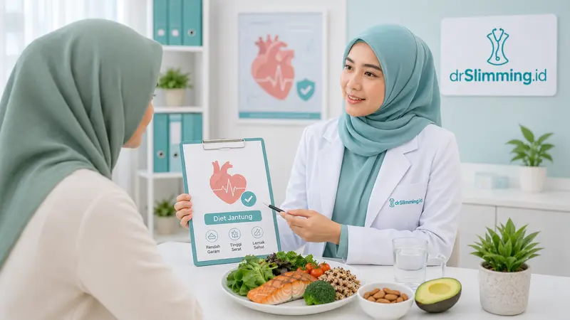 Konsultasi diet penyakit jantung di drSlimming.id dengan dokter gizi, makanan sehat rendah garam, tinggi serat, lemak sehat, ikan, sayur, kacang, dan air putih.