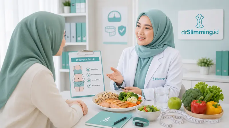 Konsultasi program diet perut buncit di drSlimming.id dengan dokter gizi, makanan seimbang, kontrol porsi, minum cukup, aktivitas fisik, dan pengukuran lingkar perut.