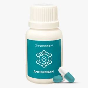 Botol suplemen antioksidan drslimming.id dengan kapsul, digunakan sebagai pendukung perlindungan sel tubuh selama program diet terpantau dokter