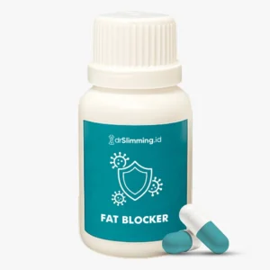 Botol suplemen fat blocker drslimming.id dengan kapsul, digunakan sebagai pendukung pengendalian penyerapan lemak selama program diet terpantau dokter