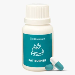 Botol suplemen fat burner drslimming.id dengan kapsul, digunakan sebagai pendukung pemanfaatan lemak sebagai sumber energi selama program diet terpantau dokter