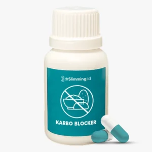 Botol suplemen karbo blocker drslimming.id dengan kapsul, digunakan sebagai pendukung pengendalian asupan karbohidrat selama program diet terpantau dokter