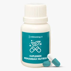 Botol suplemen penambah nutrisi drslimming.id dengan kapsul, digunakan untuk membantu memenuhi kebutuhan nutrisi selama program diet terpantau dokter