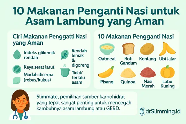 Infografis 10 Makanan Pengganti Nasi untuk Asam Lambung yang Aman dari drSlimming.id, berisi daftar makanan rendah indeks glikemik seperti oatmeal, roti gandum, kentang, ubi jalar, pisang, quinoa, jagung, nasi merah, labu kuning, dan singkong.