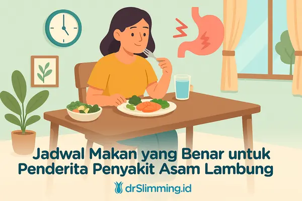 Ilustrasi jadwal makan yang benar untuk penderita penyakit asam lambung dengan karakter wanita dan ikon makanan sehat, desain warna mint khas drSlimming.id.