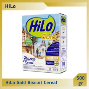 Kemasan susu bubuk HiLo Gold Biscuit Cereal ukuran 500 gram tinggi serat.
