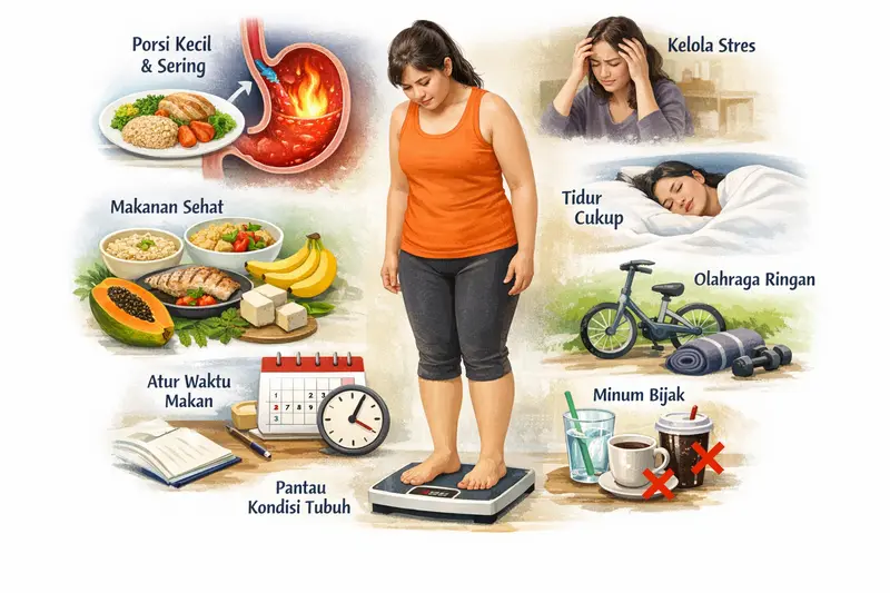 Ilustrasi strategi menurunkan berat badan pada penderita asam lambung dan GERD, menampilkan pola makan porsi kecil dan sering, pemilihan makanan ramah lambung, pengaturan waktu makan, olahraga ringan, manajemen stres, hidrasi bijak, dan pemantauan respons tubuh.