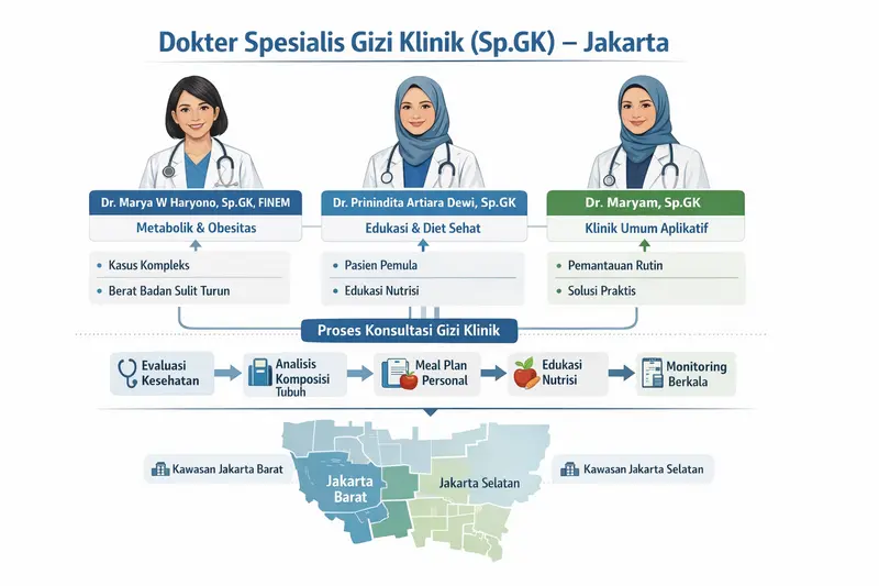 Diagram relasi dokter spesialis gizi klinik (Sp.GK) di Jakarta yang menampilkan fokus keahlian dr. Marya W Haryono, dr. Prinindita Artiara Dewi, dan dr. Maryam, alur proses konsultasi gizi klinis, serta konteks lokasi praktik Jakarta Barat dan Jakarta Selatan.