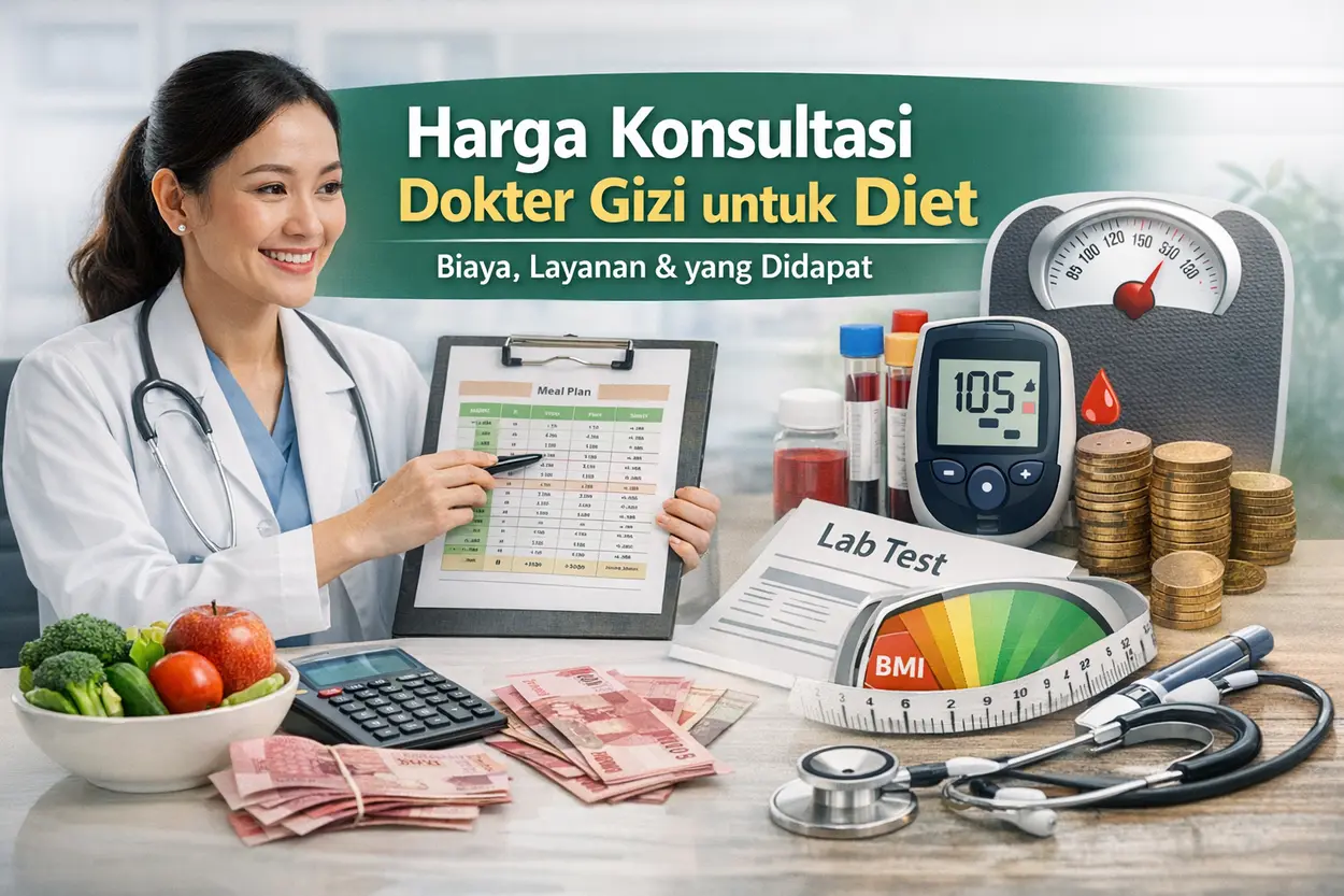 Ilustrasi konsultasi dokter gizi klinik untuk diet, menampilkan perencanaan makan, pemeriksaan kesehatan, pengukuran BMI, dan gambaran biaya layanan medis
