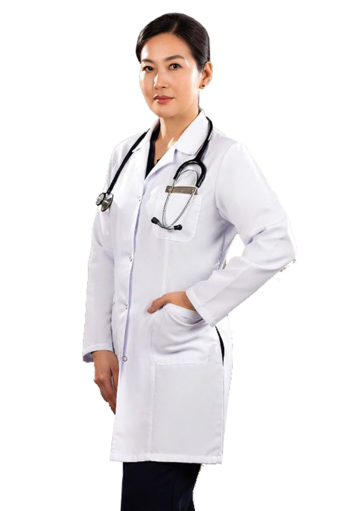 Dokter spesialis gizi wanita memakai jas putih dengan stetoskop siap memberikan konsultasi nutrisi klinis