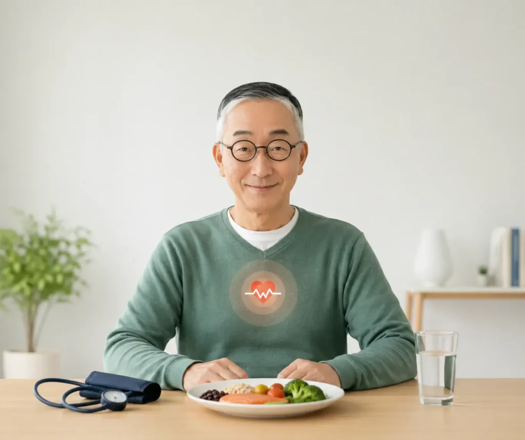 Pria Indonesia usia 50-an menikmati makanan sehat untuk diet jantung di meja makan dengan suasana dapur minimalis