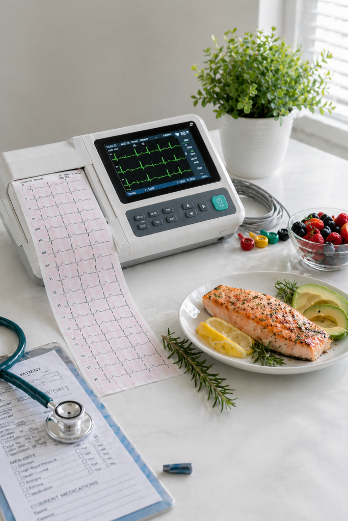 Mesin ECG di meja medis dengan hasil elektrokardiogram dan makanan sehat seperti salmon, alpukat, dan buah beri untuk kesehatan jantung