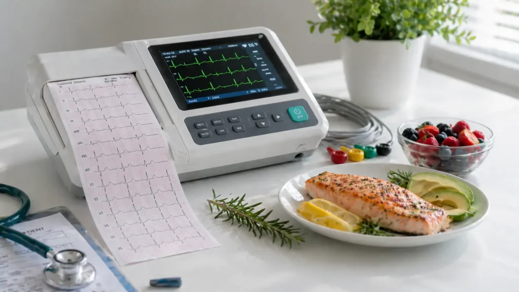Mesin ECG di meja medis dengan hasil elektrokardiogram dan makanan sehat seperti salmon, alpukat, dan buah beri untuk kesehatan jantung
