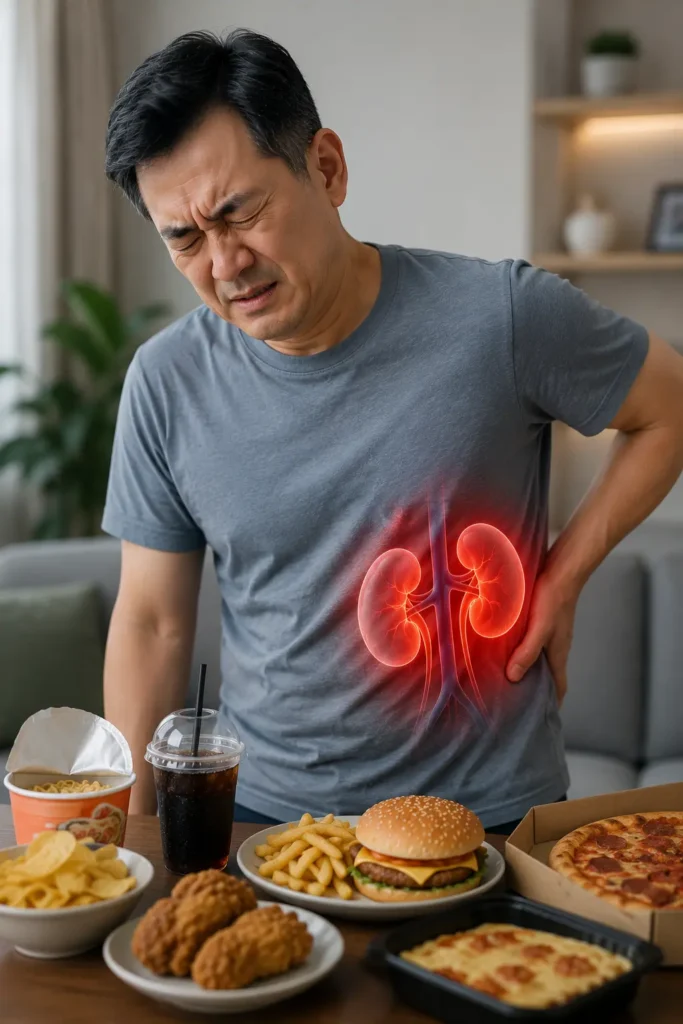 Pria mengalami sakit ginjal akibat pola makan tidak sehat dengan makanan cepat saji dan minuman tinggi gula