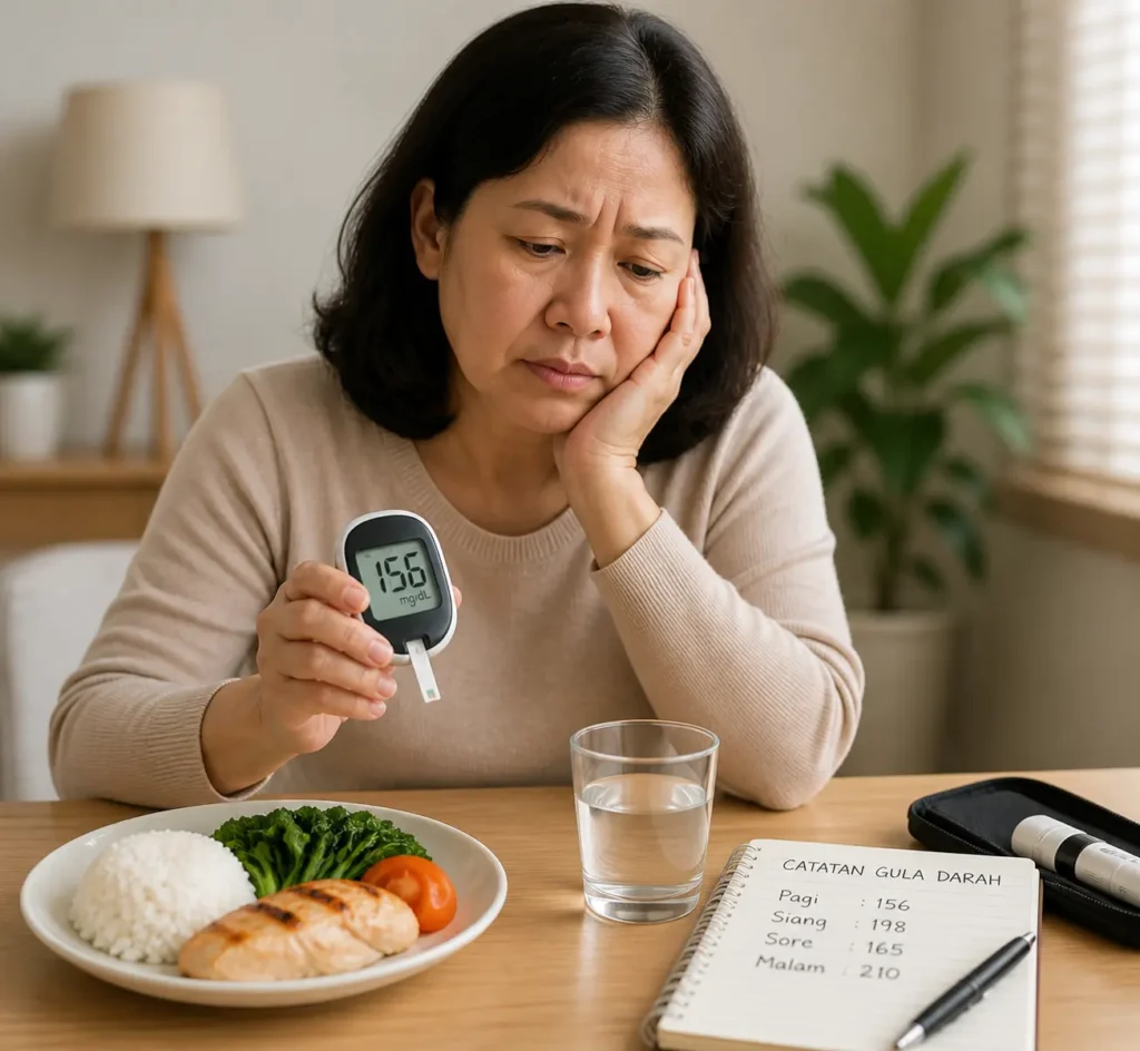 Wanita paruh baya memegang alat cek gula darah (glukometer) dengan hasil 156 mg/dL di meja berisi makanan sehat seperti nasi putih, sayuran hijau, dan dada ayam sebagai ilustrasi manajemen diet diabetes dan kontrol gula darah harian