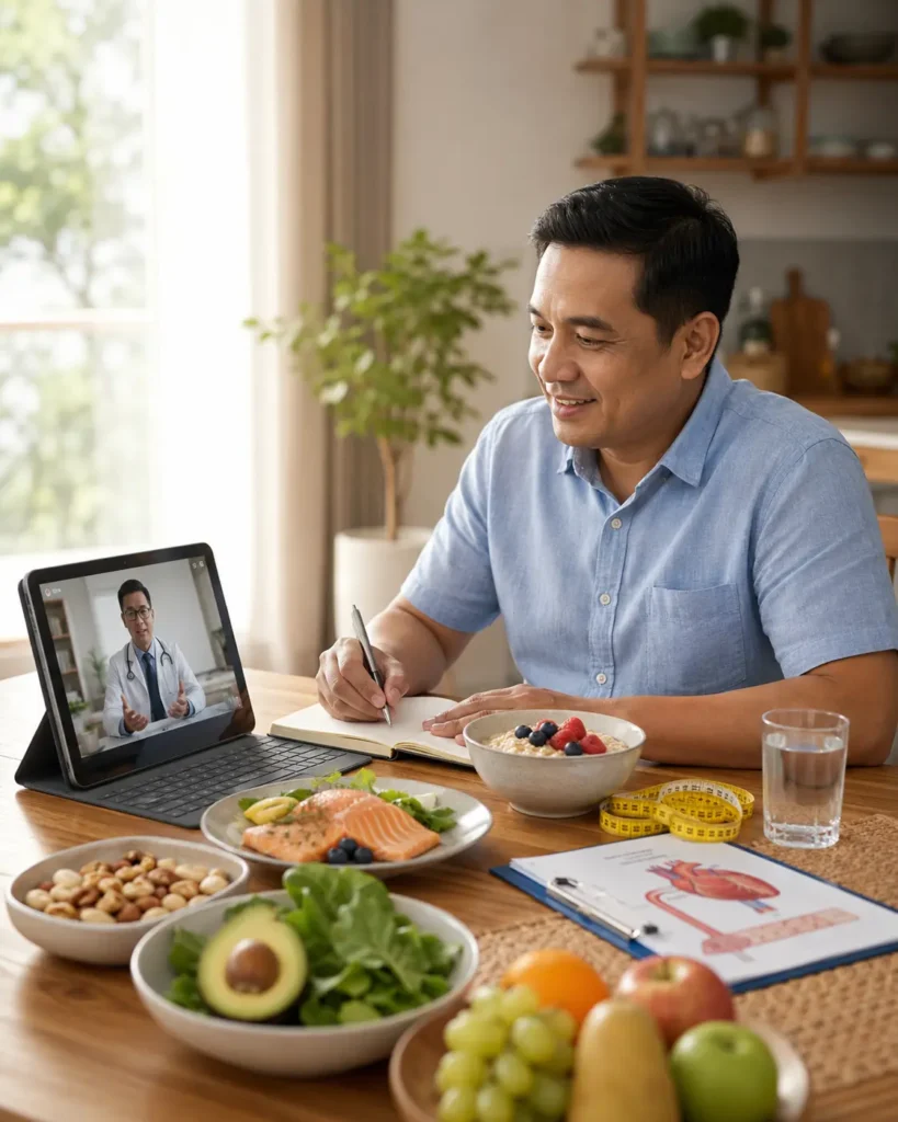 Pasien dengan kolesterol tinggi mengikuti konsultasi diet online bersama Dokter Spesialis Gizi drSlimming.id dengan panduan meal plan rendah lemak jenuh dan tinggi serat larut